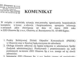 Komunikat dotyczący zmiany funkcjonowania ZZO Olszowa