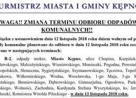    UWAGA!! ZMIANA TERMINU ODBIORU ODPADÓW KOMUNALNYCH