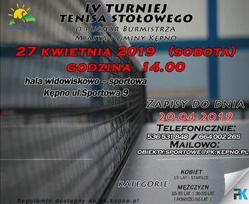IV Turniej Tenisa Stołowego o Puchar Burmistrza Miasta i Gminy Kępno