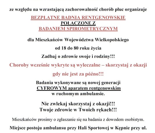 Zapraszamy na bezpłatne badania rentgenowskie i spirometryczne 