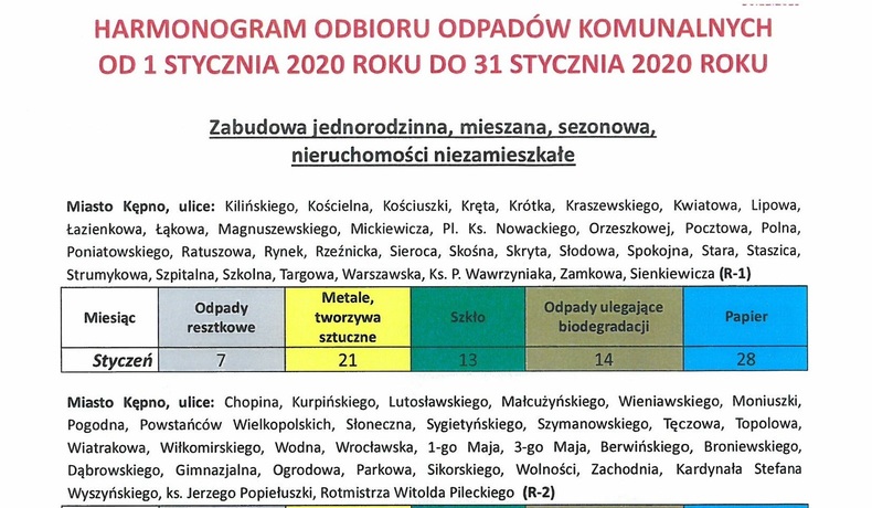 Harmonogram odbioru odpadów komunalnych