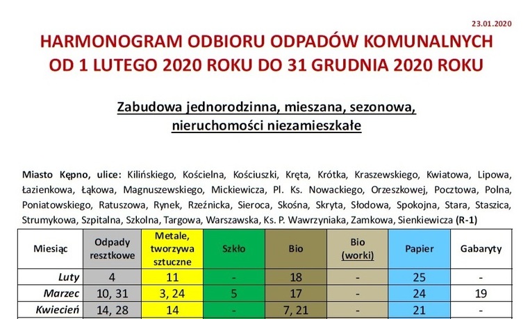 Harmonogram odbioru odpadów komunalnych od 1 lutego do 31 grudnia 2020 r. 