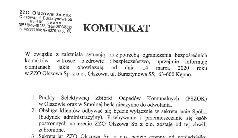 Komunikat dotyczący zmiany funkcjonowania ZZO Olszowa