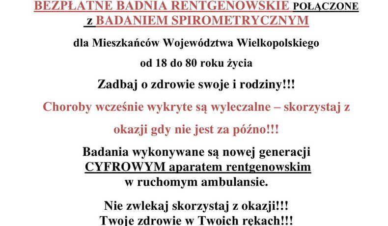 Bezpłatne badania rentgenowskie i spirometryczne 