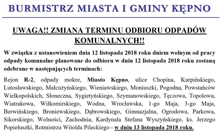    UWAGA!! ZMIANA TERMINU ODBIORU ODPADÓW KOMUNALNYCH