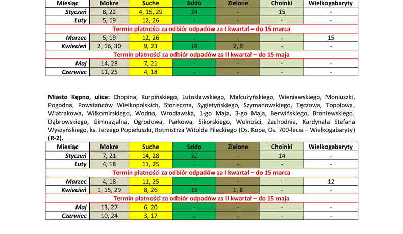 Harmonogram odbioru odpadów komunalnych