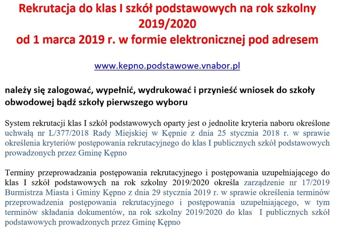 1 marca 2019 r. rusza nabór dzieci do klas pierwszych w szkołach podstawowych prowadzonych przez Gminę Kępno