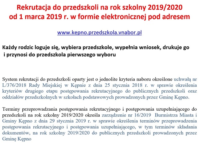 1 marca 2019 r. rusza nabór dzieci do przedszkoli samorządowych Gminy Kępno