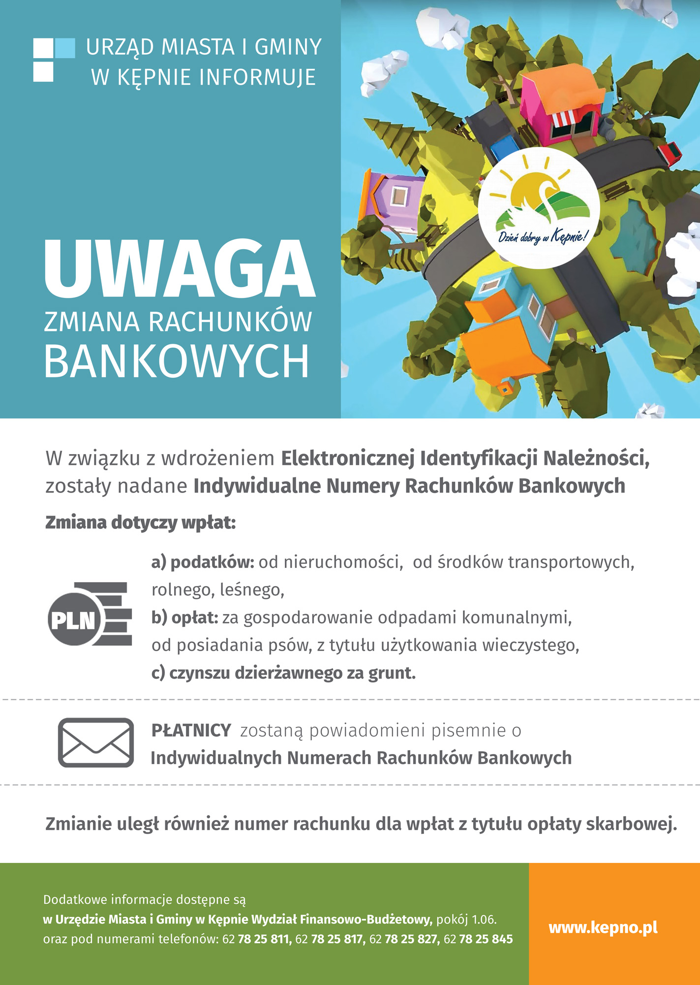 Plakat informujący o indywidualnych numerach kont bankowych 