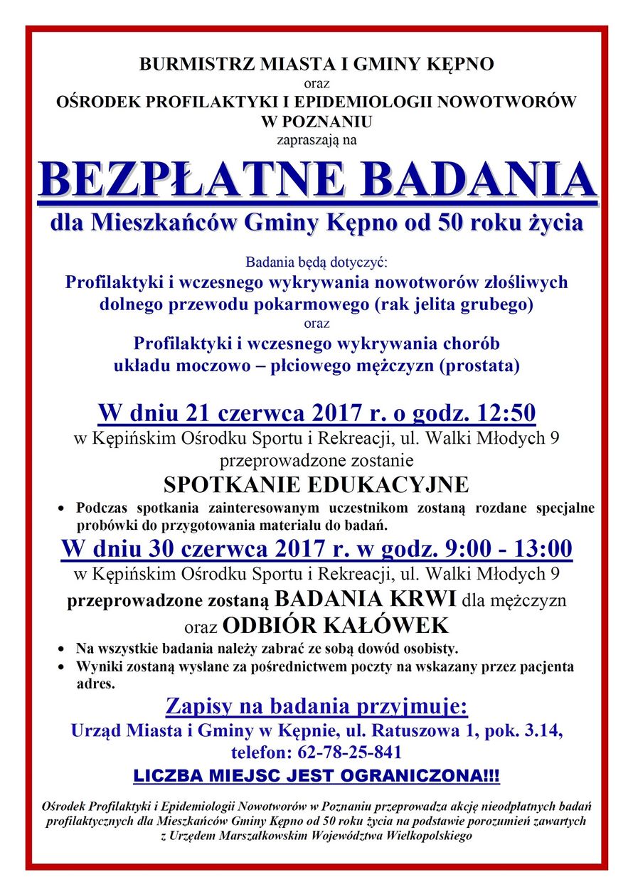 Plakat Bezpłatne badania profilaktyczne dla Mieszkańców Gminy